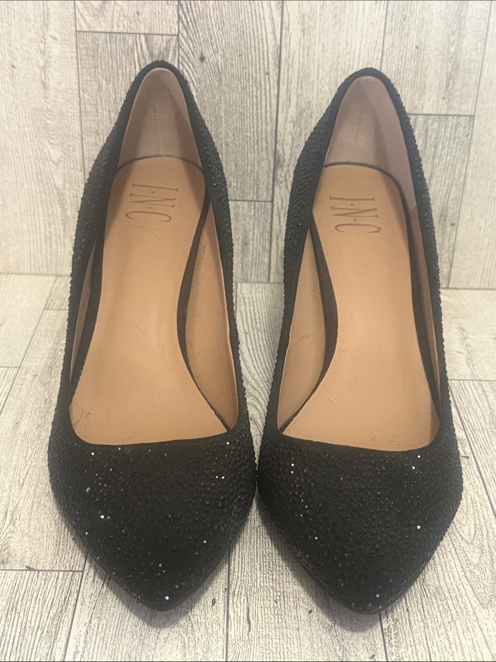 INC International Concepts Black Pointed Toe Glitter Heels